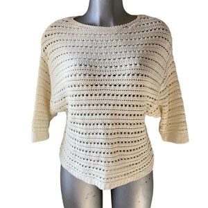 Magaschoni Open Knit Sweater Top Crochet Beige Cottagecore Boho Coastal Sz Small